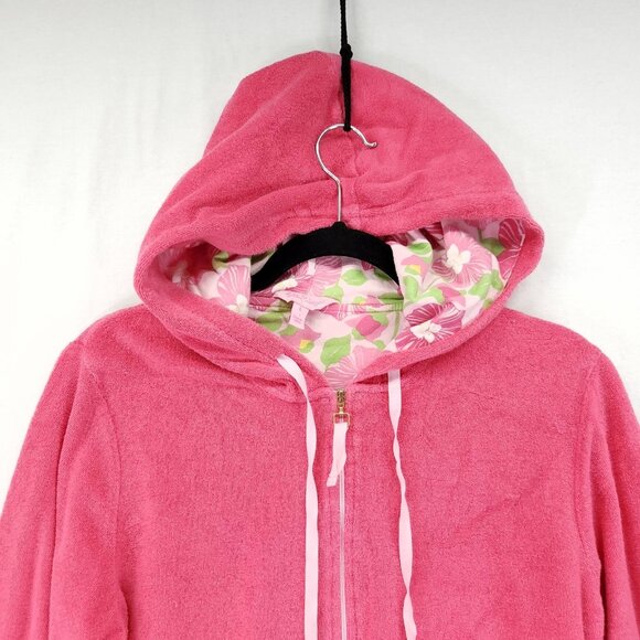 Lilly Pulitzer Full Zip Hoodie Size Large Y2K Pink Terry Cloth Jacket Pockets - Picture 10 of 12